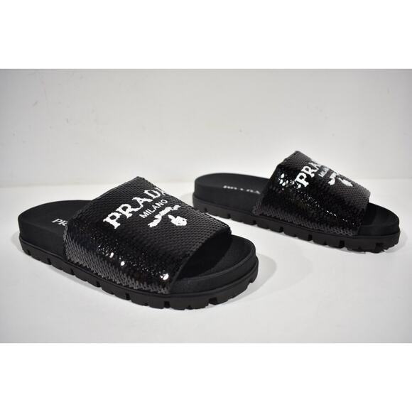 Prada Black Sequin White Logo Slide Sandal Slip On Pool Flip Flop Flat 39.5 - Picture 3 of 11